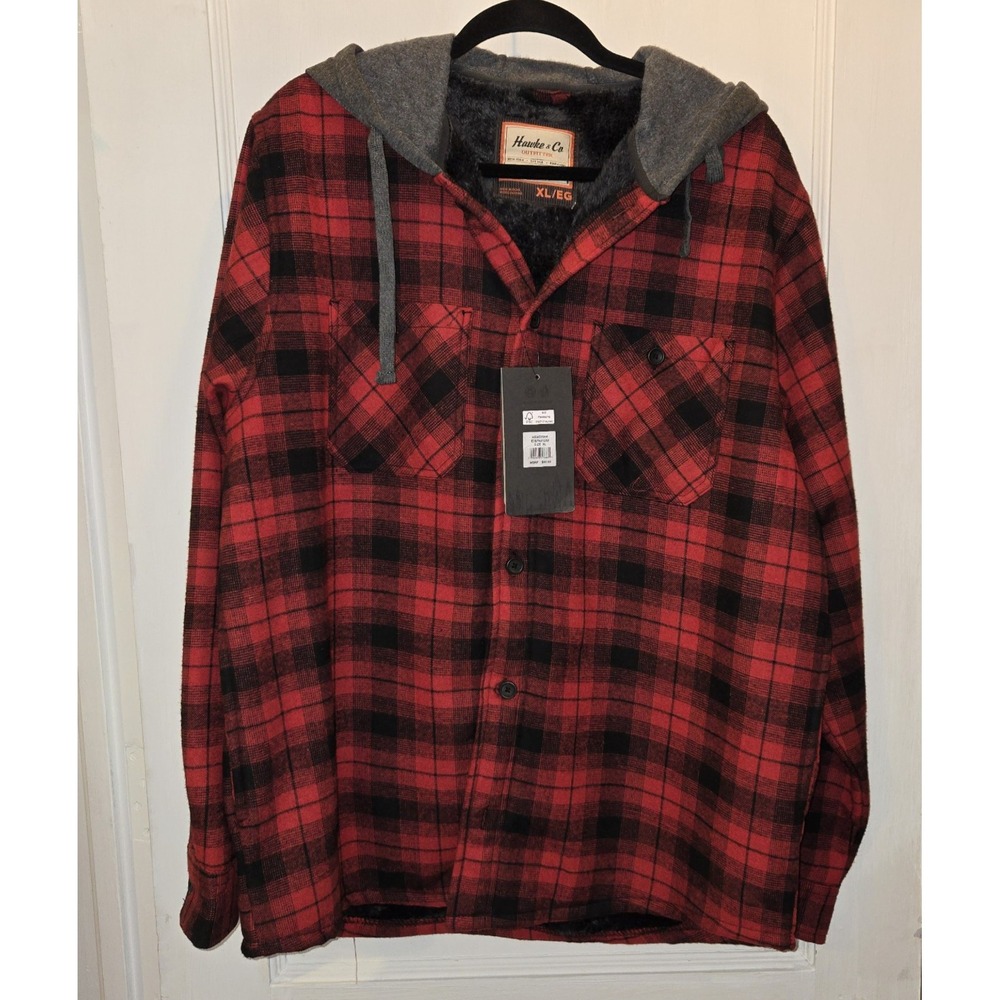 Hawke And‎ Co. Men's Fleece  Lined  Shirt Jacket Black Red Plaid Hood Pockets XL